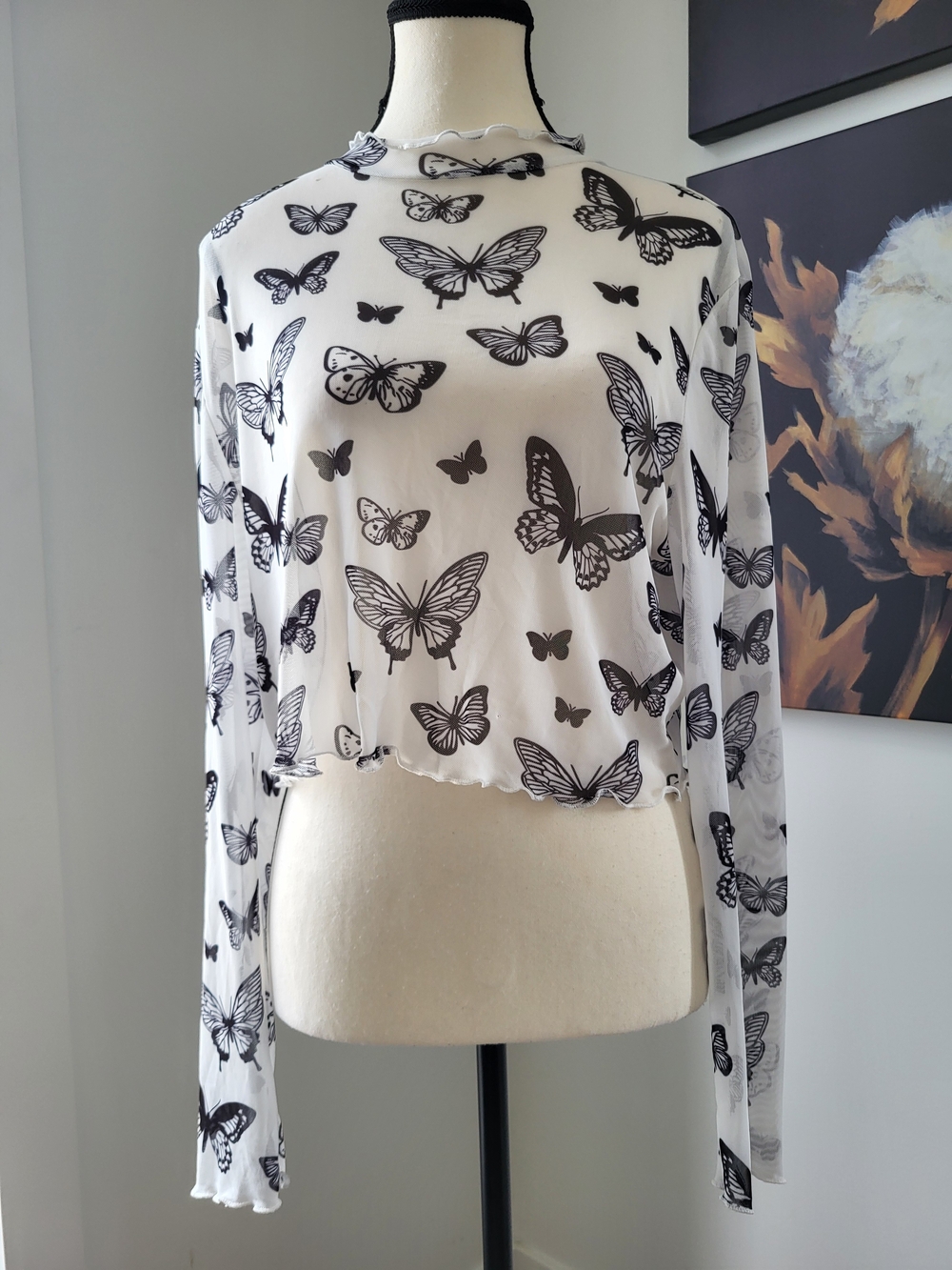 3/$30 Sheer White Butterfly Print Long-Sleeve Crop Top
